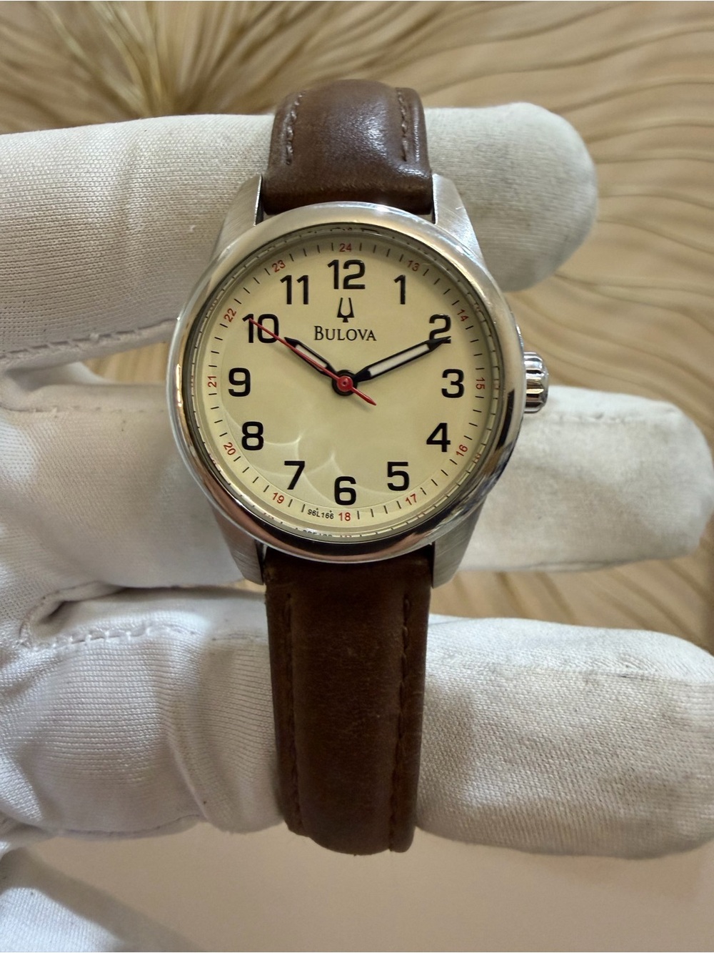 Vintage Bulova Classic Easy Reader White Dial Brown Leather Watch 96L166